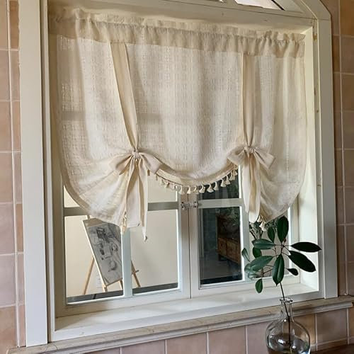 Yaland Leinenoptik Raffrollo Tunnelzug Blickdicht Landhausstil Bindegardine mit Häkelkante Beige 1 Stück, HxB 85x100cm