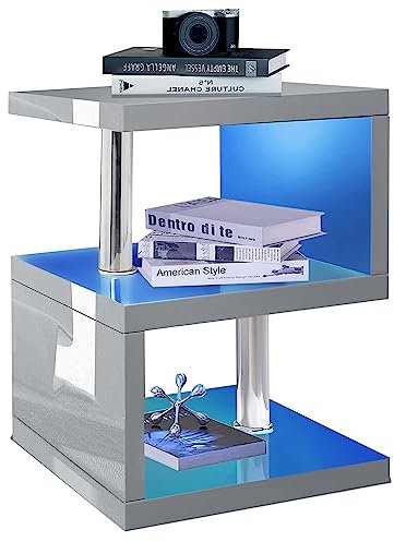 Blisswood Side Table with LED Lights – S-Shaped Grey High Gloss End Table with Storage Shelves and RGB Lighting, Modern Nightstand for Bedroom, Living Room, or Small Spaces, Stylish Home Accent