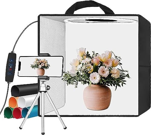 EMART Light Box Photography, 12x12/30cmx30cm Product Photo Studio Lightbox with 120 LED Lights, 6 Color Backdrops, 4 Reflection Boards, 1 Diffuser Cloth and 1 Phone Tripod Holder