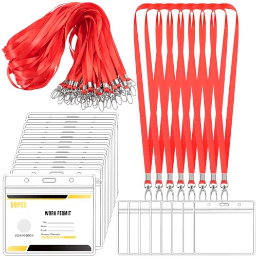 Mardatt Lot de 50 étiquettes transparentes avec cordon tour de cou, étiquettes horizontales en plastique avec crochet pivotant, pour école de commerce (rouge)