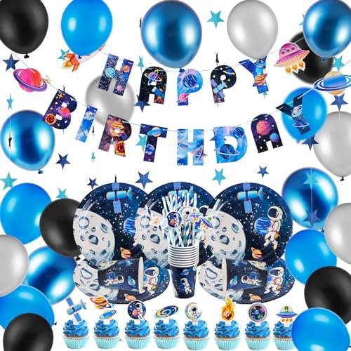 Weltraum deko Planet Geburtstagsdeko, Space Kindergeburtstag Deko ballons, Papierplatte, Papierbecher, Happy Birthday banner für Kinder Jungen Mädchen