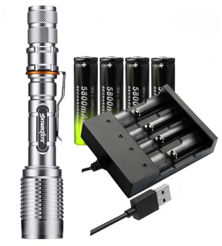 Tokeyla 18650 Battery Charger 4 Slot with 4pcs 18650 Battery, and Led Flashlight, Super Bright Waterproof Handheld Flashlights for Outdoor, Emergency, Camping