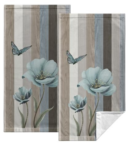 Kwlegh Blaue Tulpen Blumen Küchenhandtücher Set von 2 rustikalen Scheunenholz Badetuch Vintage Schmetterling Fingerspitze Handtuch Mohn Floral Geschirrtuch für Bauernhaus Blockhütte Badezimmer 36 x 71