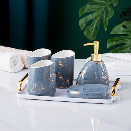 XYQXYQ Gray Bathroom Accessories Set,Gold Marble Look Bathroom Decor,Modern 6 Piece Bathroom Accessory Set,Complete with Soap Dispenser,Toothbrush Holder,Tumbler,Tray Countertop