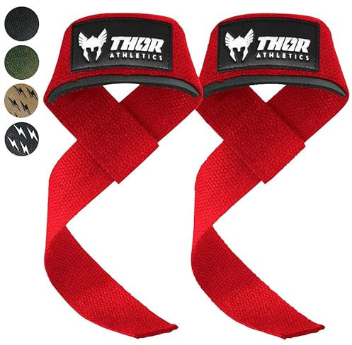 THOR ATHLETICS Zughilfen für Krafttraining & Powerlifting - Hebehilfen Krafttrainingsgurte für Männer und Frauen mit kostenlosem E-Book - Fitness Gym Handgelenkschlaufen (Rot)