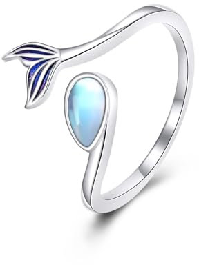 Meerjungfrau Mondstein Ring Sterling Silber Teardrop Verstellbarer Schmuck Meer Geschenke für Mädchen Frauen