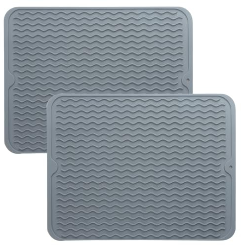 Roellgs 2 Pack 30×40cm Dish Drying Mats, Silicone Drainboard Mats, Kitchen Heat Resistant Drainage Mats for Cutlery and Plates Kitchen Countertop Sink Drip Tray
