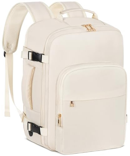 OTAHGK Handgepäck Flugzeug Reiserucksack für Easyjet, 40L TSA Freundlich Damen Handgepäck Rucksack 45×36×20 Großer Travel Backpack Women 17 Zoll Laptoptasche Wasserdicht Reisetasche (Beige)