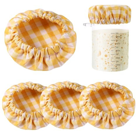 4pcs Couvercle en Tissu, Coton à Carreaux Pot de Démarrage au Levain Élastiques Non Blanchies Réutilisables Housse de Bol à Levain pour Bouche de Pot de 7,62 à 10,16cm (Jaune)