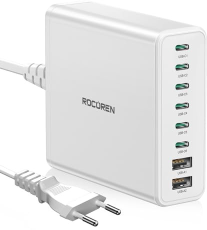 Rocoren USB C Ladegerät Mehrfach 340W, 8-Port PD100W QC4.0 PPS USB C Netzteil Ladestation GaN Charger Kompatibel mit MacBook Pro/Air M2, iPhone 16 Pro Max/15 Pro/14 Pro, Galaxy S24, Laptop (Weiß)
