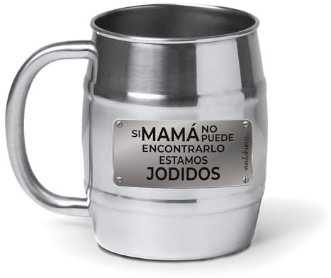mundohuevo® Jarra de cerveza personalizada acero inoxidable 304 | Regalo original para madres | Si mama no puede encontrarlo estamos jodidos | Color plateado aspecto barril | Capacidad 500 ml.