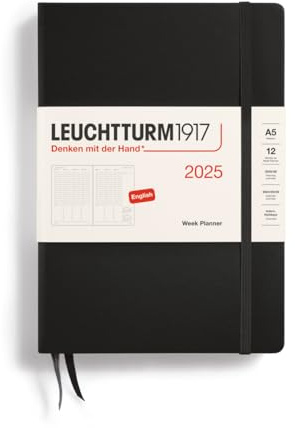 LEUCHTTURM1917 370793 - Agenda settimanale 2025, formato A5, copertina rigida, 12 mesi, a righe, nero, inglese