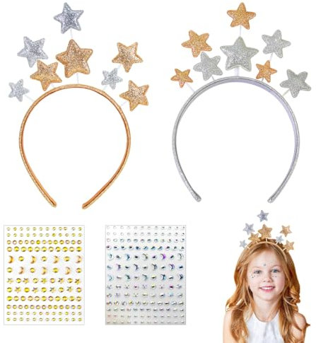 Weihnachten Sterne Haarreifen,2pcs Glitzer Sterne Haarbänder mit 2pcs Gesichtsaufkleber,Haarbänder Schmuck Dekoration für Frauen Mädchen
