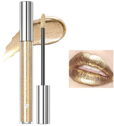 Mikabila Glitzer Lippenstift Metallic Glänzend Glossy,Lip Gloss Metallischer Diamant Lipstick Flüssiger Funkeln Schimmer Lippenstift Nonstick Schalen Make-up Lippenglanz,(Golden)