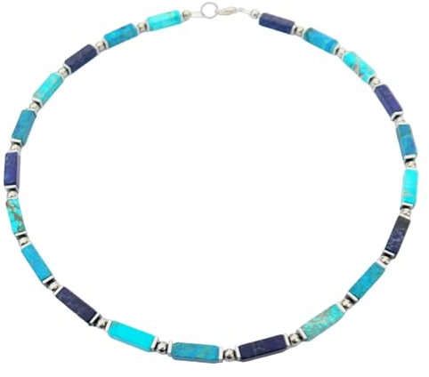 Halskette, Kette, Collier Armband Ohrringe Schmuck Set, Edelstein, Rechtecke, Impressions Jaspis Blau Petrol Türkis Blautöne