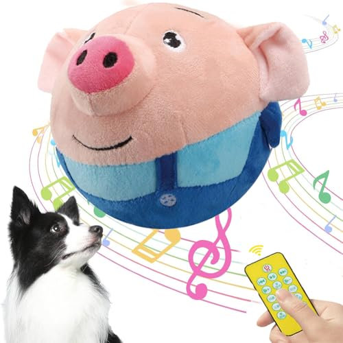 A ANTCAM Active Moving Pet Plush Toy, Remote Control Squeaky Pig Interactive Dog Toys Pet Bouncing Balls, USB Rechargeable Electronic Shake Bounce Boredom Cartoon Pig Plush Sound Dog Toy (Blue)