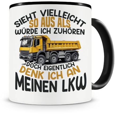 Samunshi® LKW Tasse mit Spruch Sieht vielleicht so aus LKW Geschenk für Handwerker Baugeräteführer und Kipplaster Fans Kaffeetasse Baustellen Tassen zum Geburtstag 300ml schwarz