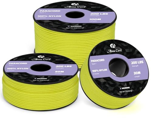 Abma Cord Paracorde 2mm 30m Corde Nylon 3 Brins Type I pour Bricolage, Camping, Extérieur - Max. 90kg (200lbs) - Néon Jaune