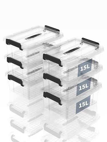 SpaceXpert Aufbewahrungsboxen, Lagerboxen, Tragefähige Kunststoffboxen mit Griff, Stapelfähiger Organisationsbehälter für Schlafzimmer, Unrat, Schule, Transparent, 15L (6er Set)