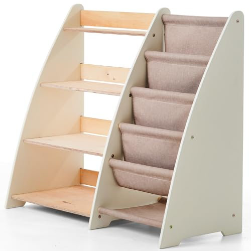 Goodevas Kinderbuchregal – Stylische Holz-Bücherregale für Kinder Einzigartig Design, sicherer und funktionaler Spielzeugorganisator für Schlafzimmer, Spielzimmer und Kinderzimmer (Ivory, Middle)