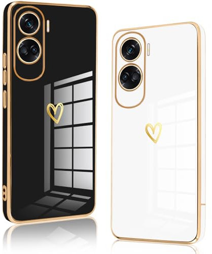 Vauki 2 Pack Funda para Honor 90 Lite 5G, Carcasa con Amor Corazón, Suave Silicone TPU Soft Case Love Patrón Anti-Arañazos Anti-Choques Bumper Cover Niños y Niñas for Honor 90 Lite, Negro y Blanco