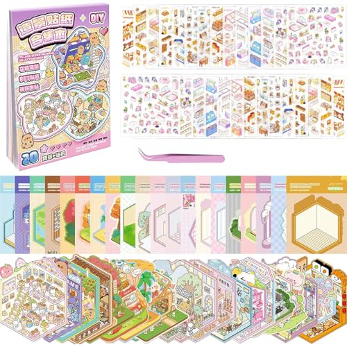 20 Stück 3D House Stickers Scene Set, Stickerbuch Wiederverwendbar, Sticker Therapy, DIY-Aufkleber für Basteln, with 26 PET Sticker, 20 Mminiatur Haus, 1 Pinzette, Relief Stress für Erwachsene Kinder