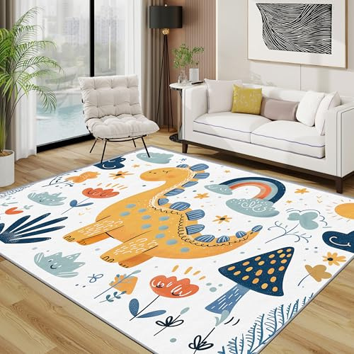 TerroVee Dinosaurier Teppich, Süß Cartoon Regenbogen Kinderzimmer Kleiner Teppich, Wolken Blumen Waschbar Kurzflor Weich Teppiche Eingangsbereich Innen Küche, 60x90 cm, Weiß Orange Blau