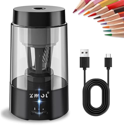 ZMOL Vollautomatischer Elektrischer Anspitzer mit Behälter, Handsfree | für Klassenzimmer, Batteriebetrieben, Wiederaufladbarer Bleistiftspitzer, Auto-Stopp für NO. 2 Stifte/Büro/Haus/Schule