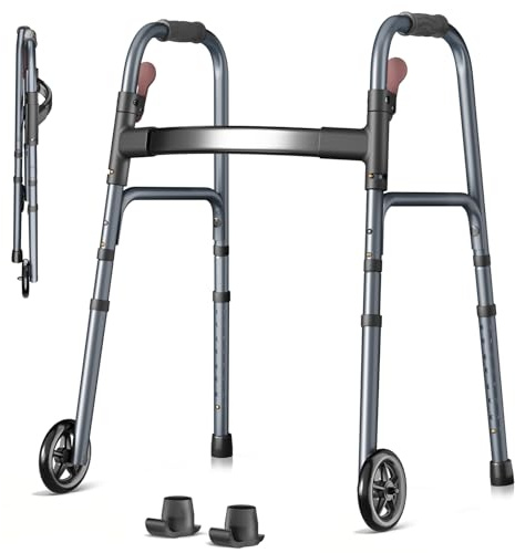 Folding Walker for Seniors, Rolling Walker with 8 Height Adjustments, One-Hand Folding, 300lbs Capacity, Lightweight Aluminum Front Wheel Walker for Elderly Adults and Handicap