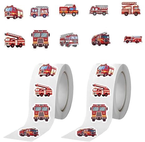 1000 Stück Feuerwehr Sticker,Feuerwehrauto Aufkleber Kinder,Geschenkpapier Feuerwehr Geburtstag Deko,Feuerwehrmann Motorfahrzeuge Aufkleberrolle Set Selbstklebend für Party Geschenke Belohnungsanreize