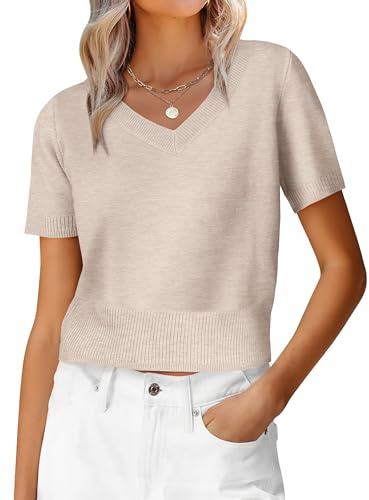 ANRABESS Womens Short Sleeve Sweaters Cropped V Neck Business Casual Lightweight Sweater Tops Summer Spring Clothes 2026 Almond Medium