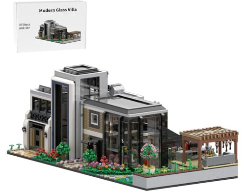 MOC-151755 Architektur Moderne Glasvilla Bausteine Set, Gebäude Haus Modular Buildings Klemmbausteine mit Garten, Home und Büro-Deko & Sammlerstück Geschenk für Erwachsene - 4759 Teile