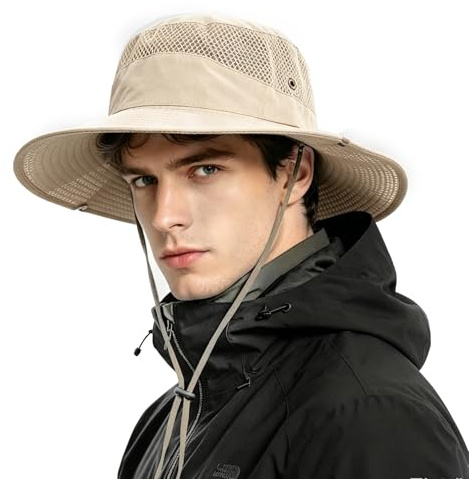 Shyllin Cappello Boonie Impermeabile Uomo Donna, Estivo Cappello Safari Anti UV Traspirante,Tesa Larga Cappello Pioggia,Cappelli da Sole Pescatore,per Pesca,Esterno,Trekking (Beige Chiaro)