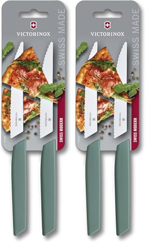 Victorinox Swiss Modern, Steak & Pizza Knife, Set of 2, 12 cm, Extra Sharp Serrated Edge, Dishwasher Safe, Sage (Pack of 2)