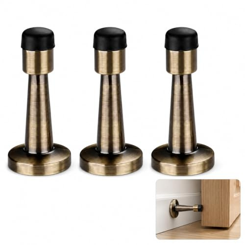 3 Pcs Antique Brass Door Stop, Wall Mounted Heavy Duty Door Stopper with Rubber Tip