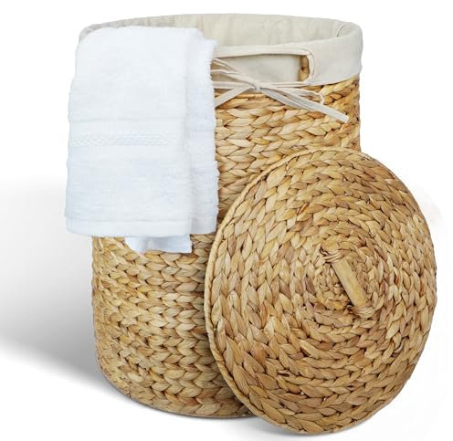 Casa Mina® Wäschesammler mit Deckel D35 x H50cm hoch I Atmungsaktiver Wäschekorb geflochten aus 100% Naturfaser I Robuster Wäschesammler mit Griffen & waschbarem Innensack I Wäschekörbe - Manila