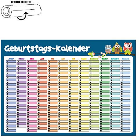 Immerwährender Kalender/Geburtstagskalender/Dauerkalender/einseitig DIN A3 gerollt Eulen