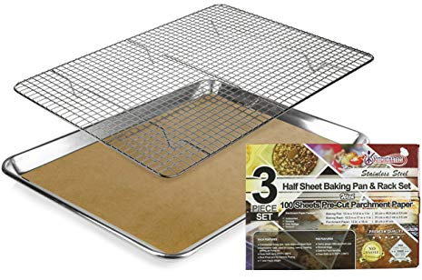 Plaque de Cuisson KITCHENATICS Avec Grille De Refroidissement: Plaque de Cuisson Four en Aluminium Avec Grille en Acier Inoxydable | Grille Pour Cuire GRATUIT 100 Feuilles de Papier Cuisson Prédécoupé