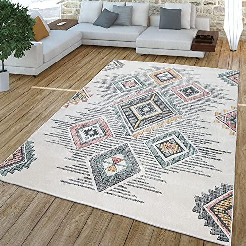 TT Home Wohnzimmer Teppich Kurzflor Wohnzimmerteppich Vintage Rauten Boho Ethno Design, Farbe:Bunt 3, Größe:120x170 cm