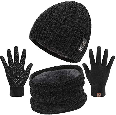 TAGVO 3-in-1 Winter Beanie Hat Scarf Glove Set for Men Women, Soft Fleece Lined Warm Knitted Hat Stretch Neck Warmer 3 Finger Touch Gloves Pack Hat Scarf and Gloves