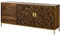 Diamond Sideboard aus massivem Mango, Kommode braun geöltes Massivholz, 3 Schubladen mit Knopfgriffen und 2 Türen mit Push-to-Open Technik, goldene Akzente aus Eisen