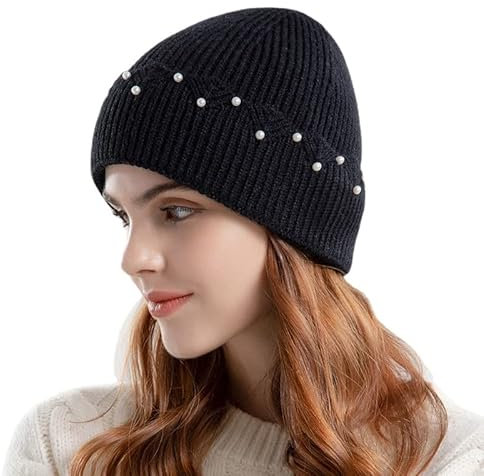 Wintermützen für Damen, gestrickt, warme Fleece-Mützen mit Perlen, Stirnband, Beanie, kaltes Wetter
