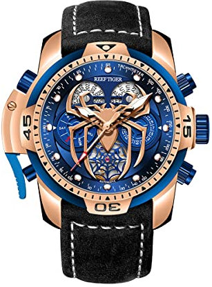 REEF TIGER High-End leuchtende Sport Automatikuhr Spinne Zifferblatt mit Jahr Monat Ewiger Kalender Leder Mechanische Uhren RGA3532SP (RGA3532SP-PLLB)