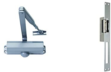 Bricard 6100107 Ferme-Porte à bras compas force 2 à 4 (jusqu'à 80kg), Technologie Pignon Crémaillère, coloris Argent & EXTEL 90301.4 Ouvre-porte électrique avec fonction mémoire long (25 cm), gris