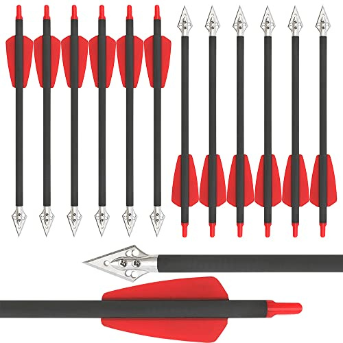 wolfman Armbrust Pfeile 8 Zoll R9 Armbrustbolzen Reine Carbonpfeile 2 Rote Flügel mit 100 Korn Broadhead Jagdpfeile für Bogenschießen Jagd Schießen Targeting 12/24 Stück