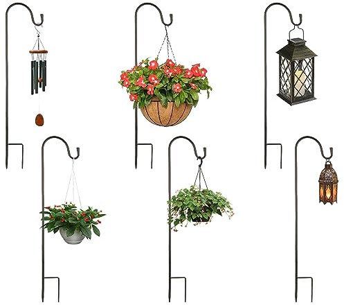 YAYODS 6 Pack Shepherds Crook Hooks, 30 inch Adjustable Height Shepherds with Base, Metal Garden Festoon Light Pole, Garden Border Hooks For Lanterns Lights, Plant Baskets, 4 Section Stitching (Black)