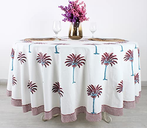 Ridhi Rote Palme 152,4 cm rund 100 % Baumwolle Handblockdruck Tischdecke waschbar Halloween Erntedankfest Weihnachten Partys Hochzeit Herbstdekor Bauernhaus Esszimmer Abendessen Tischdecke