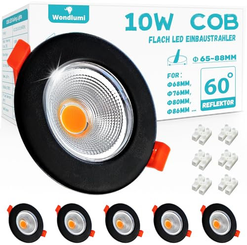 Wondlumi 6er LED Einbaustrahler 230V 10W COB Set LED Spot 65-88mm Lochmaß Einbauleuchten Warmweiß 3000K Schwarz Matt für Kunstausstellung Ausstellungshalle Museen Kabinett