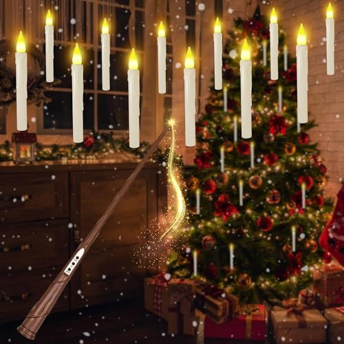 SLVCREK Candele LED Decorazione Natalizia, 12 Pezzi Candele Galleggianti con Telecomando Senza Fiamma, Floating Candles da Appendere, Candela Conica Elettrica per Natale, Decorazione Natalizia