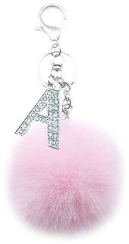 Xsclpomddy Silver Alphabet Keychain Artificial Fur Pink Pom Pom Rhinestone Crystal Letter Key Rings for Women